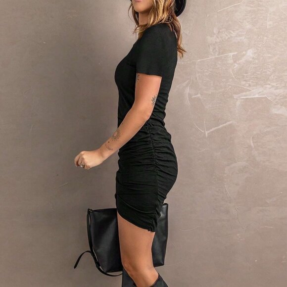 Black Casual Womens Solid Ruched Tulip Hem Dress - Picture 5 of 5